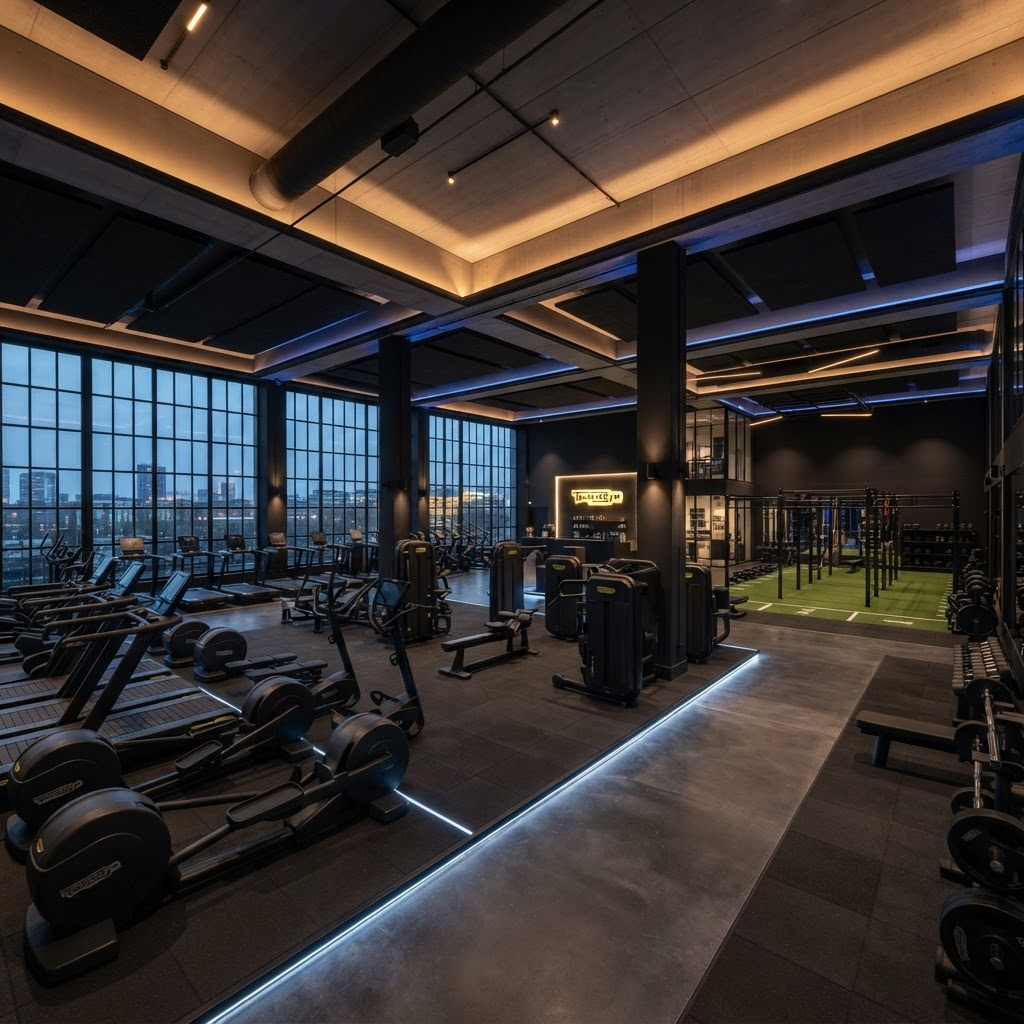 Interni moderni della palestra Elevate Fitness Club con attrezzature premium