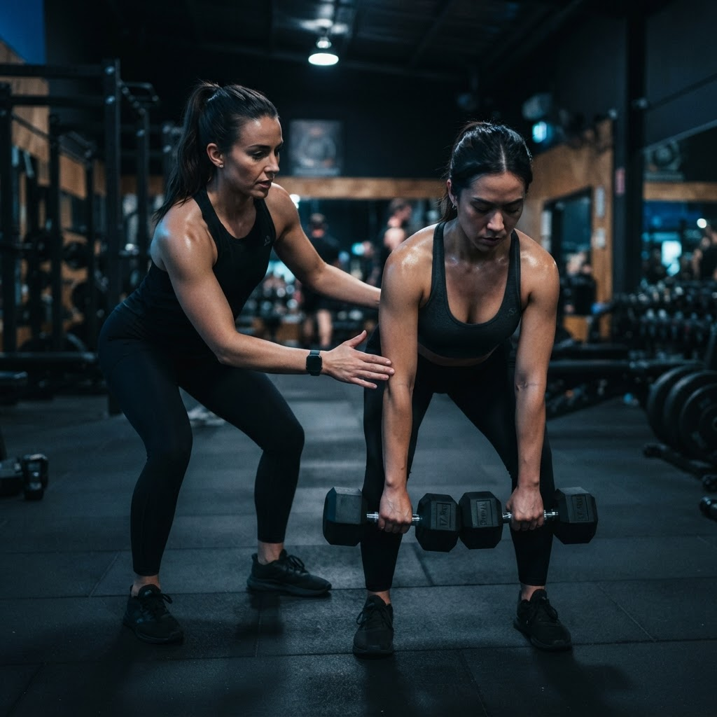 Personal trainer che segue un cliente durante l'allenamento